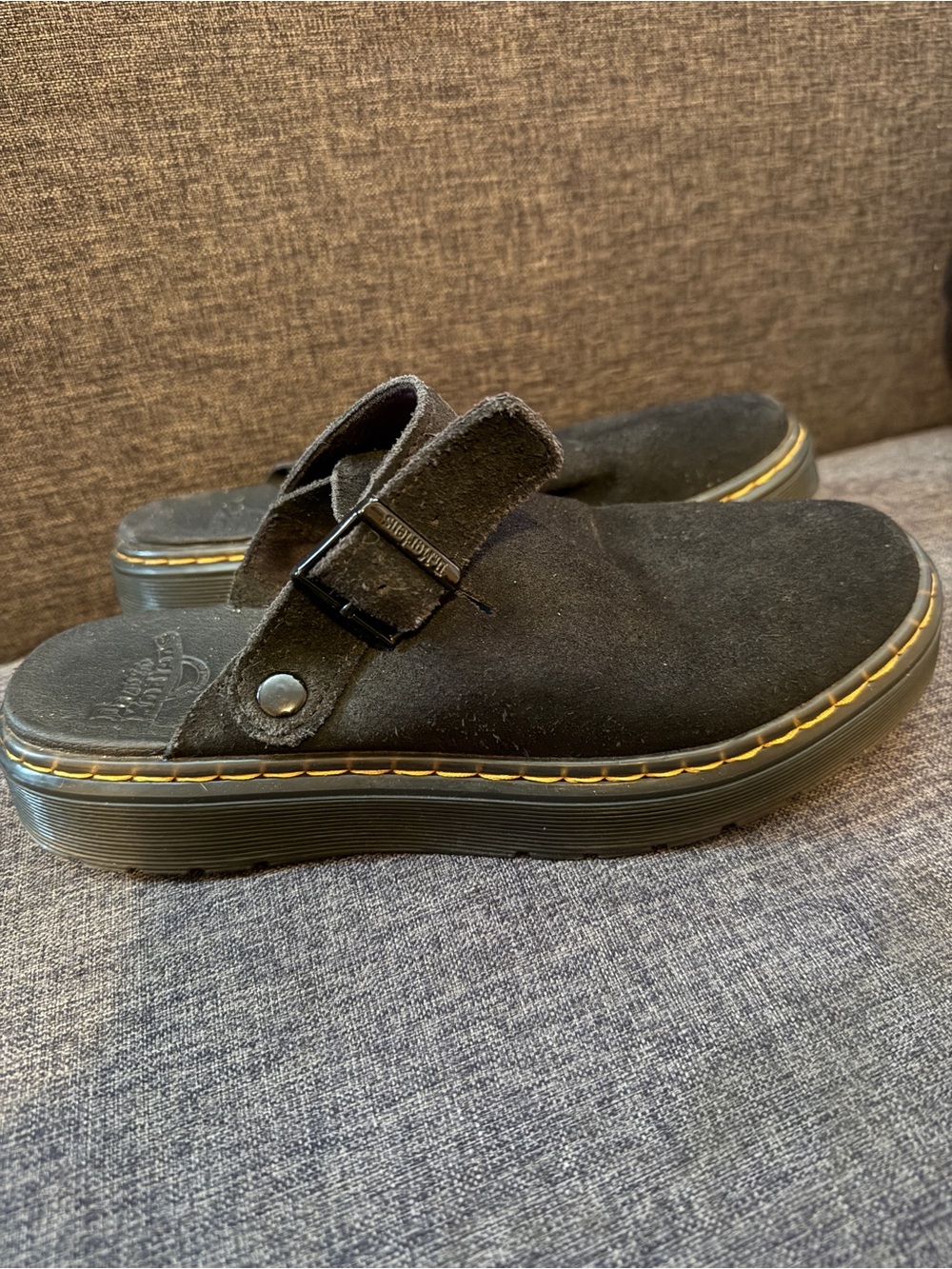 Doc MartensBlack Suede Slip-On Clog with Yellow Stitching